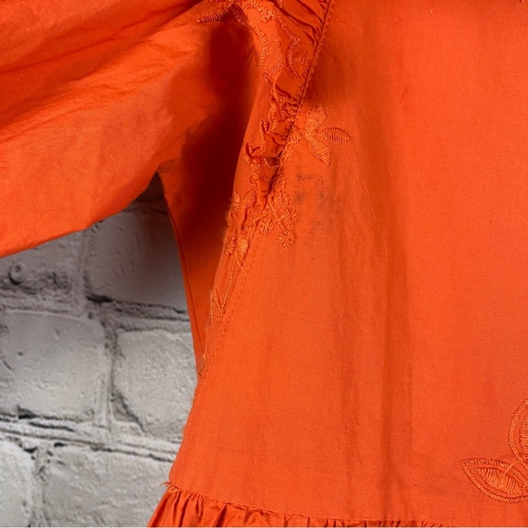 Zara Poplin Embroidered Midi Dress Eyelet Ruffled Puff Sleeve Orange - Picture 7 of 10